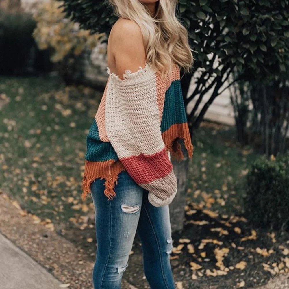 Multicolored Women color-block pullover vneck chunky knit sweater